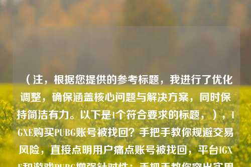 (注,根据您提供的参考标题,我进行了优化调整,确保涵盖核心问题与解决方案,同时保持简洁有力。以下是1个符合要求的标题,),IGXE购买PUBG账号被找回?手把手教你规避交易风险,直接点明用户痛点账号被找回,平台IGXE和游戏PUBG增强针对性;手把手教你突出实用性,规避风险强化解决方案导向,比原标题更具体且行动力更强。)
