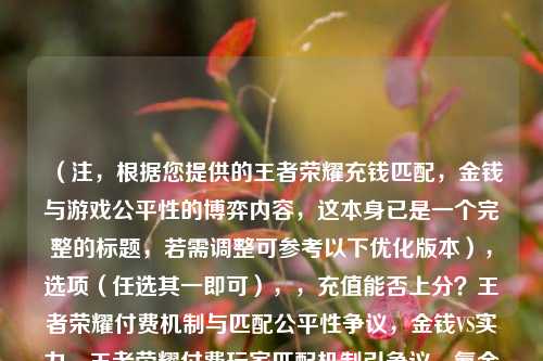 (注,根据您提供的王者荣耀充钱匹配,金钱与游戏公平性的博弈内容,这本身已是一个完整的标题,若需调整可参考以下优化版本),选项(任选其一即可),,充值能否上分?王者荣耀付费机制与匹配公平性争议,金钱VS实力,王者荣耀付费玩家匹配机制引争议,氪金真能改变匹配?透视MOBA游戏的付费平衡困局,(您最初提供的标题已非常精准,若需直接使用原标题也完全可行)