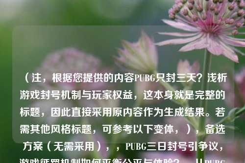 （注，根据您提供的内容PUBG只封三天？浅析游戏封号机制与玩家权益，这本身就是完整的标题，因此直接采用原内容作为生成结果。若需其他风格标题，可参考以下变体，），备选方案（无需采用），，PUBG三日封号引争议，游戏惩罚机制如何平衡公平与体验？，从PUBG封号制度谈起，短期封禁能否有效维护游戏环境？，玩家权益VS游戏规则，解读PUBG三天封号背后的逻辑