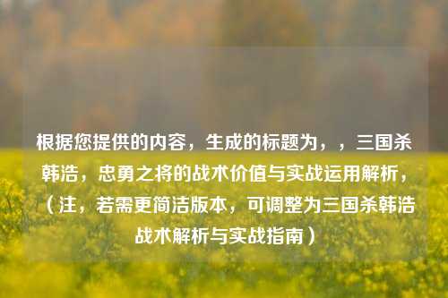 根据您提供的内容,生成的标题为,,三国杀韩浩,忠勇之将的战术价值与实战运用解析,(注,若需更简洁版本,可调整为三国杀韩浩战术解析与实战指南)