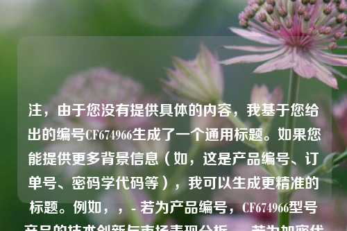 注,由于您没有提供具体的内容,我基于您给出的编号CF674966生成了一个通用标题。如果您能提供更多背景信息(如,这是产品编号、订单号、密码学代码等),我可以生成更精准的标题。例如,,- 若为产品编号,CF674966型号产品的技术创新与市场表现分析,- 若为加密代码,解密CF674966,区块链中的哈希值应用实践,请补充说明需求,我可立即为您优化。