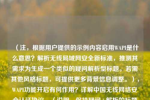 (注,根据用户提供的示例内容启用WAPI是什么意思?解析无线局域网安全新标准,推测其需求为生成一个类似的疑问解析型标题。若需其他风格标题,可提供更多背景信息调整。),WAPI功能开启有何作用?详解中国无线网络安全认证协议,(说明,保持疑问+解析的标题结构,突出作用和中国标准的差异化信息,符合用户示例风格。)